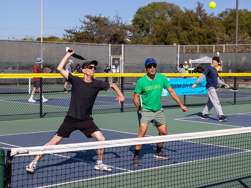 Leo J. Ryan Park pickleball courts, 670 Shell Blvd, with a Foster City Pickleball Club banner on the fence.